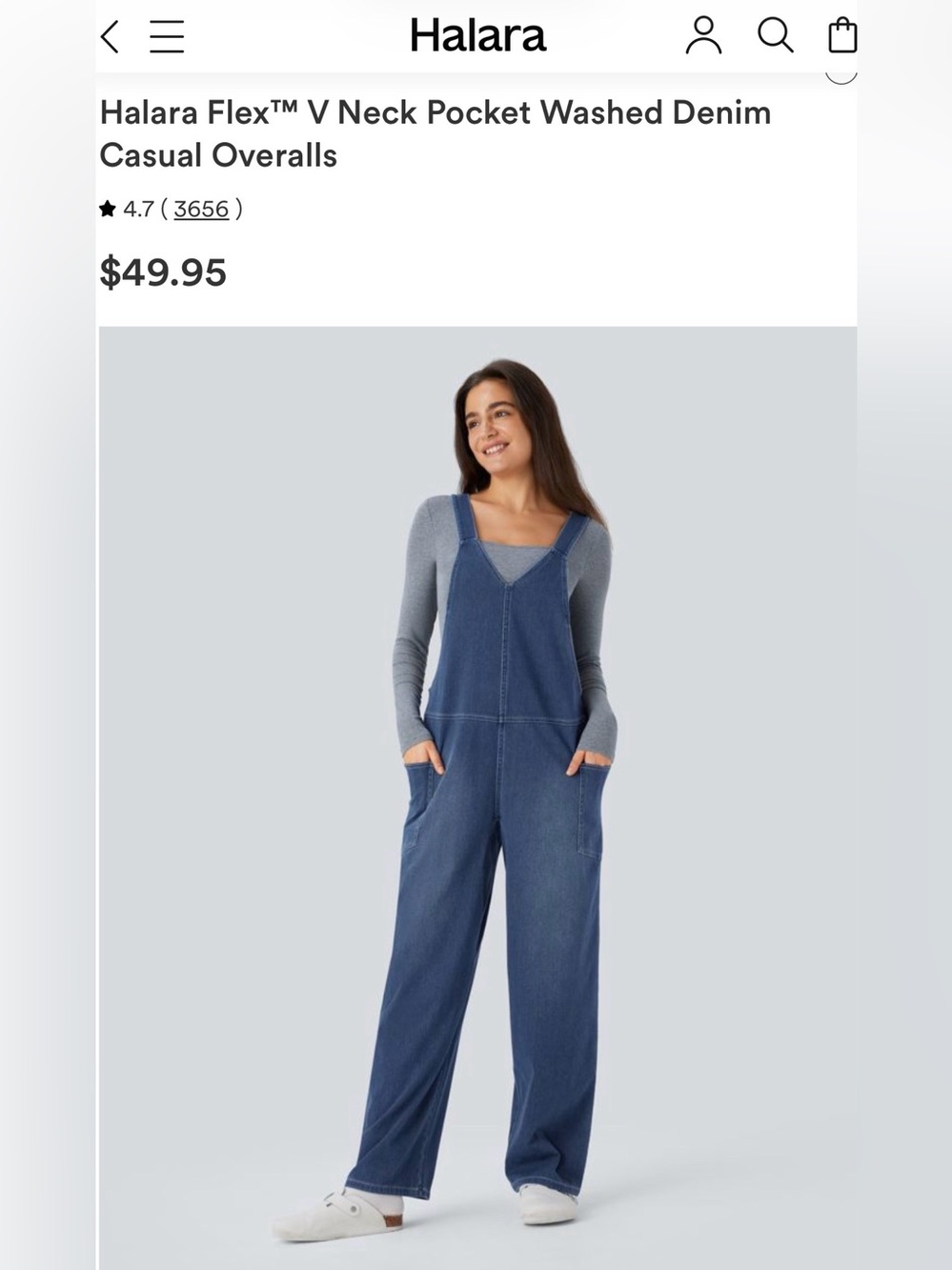 HALARA Washed Denim V-Neck Pocket Overalls - Size Large Reg Length